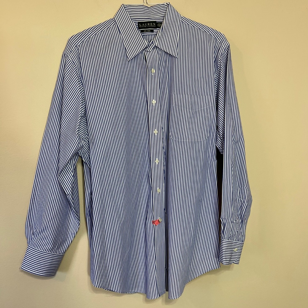 Lauren Ralph‎ Lauren Mens Non Iron Striped Dress Shirt Blue White 17.5 34/35